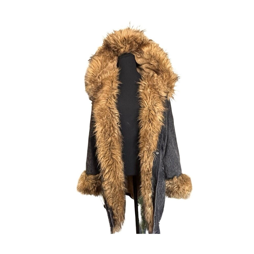 Y2K Fur Trim Penny Lane Hooded Coat Jacket Black Wash Distressed Denim Womens L